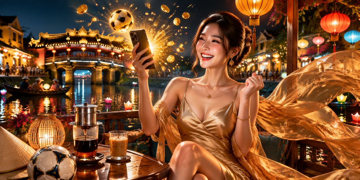 Nhóm bạn tại Hội An thưởng thức cà phê và theo dõi kèo bóng đá trực tuyến trên màn hình