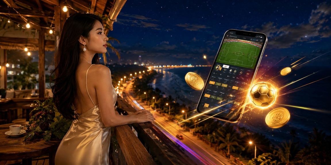 Người dùng thư giãn bên bờ biển Mũi Né vừa theo dõi cá cược thể thao trên điện thoại với ly cà phê Việt Nam