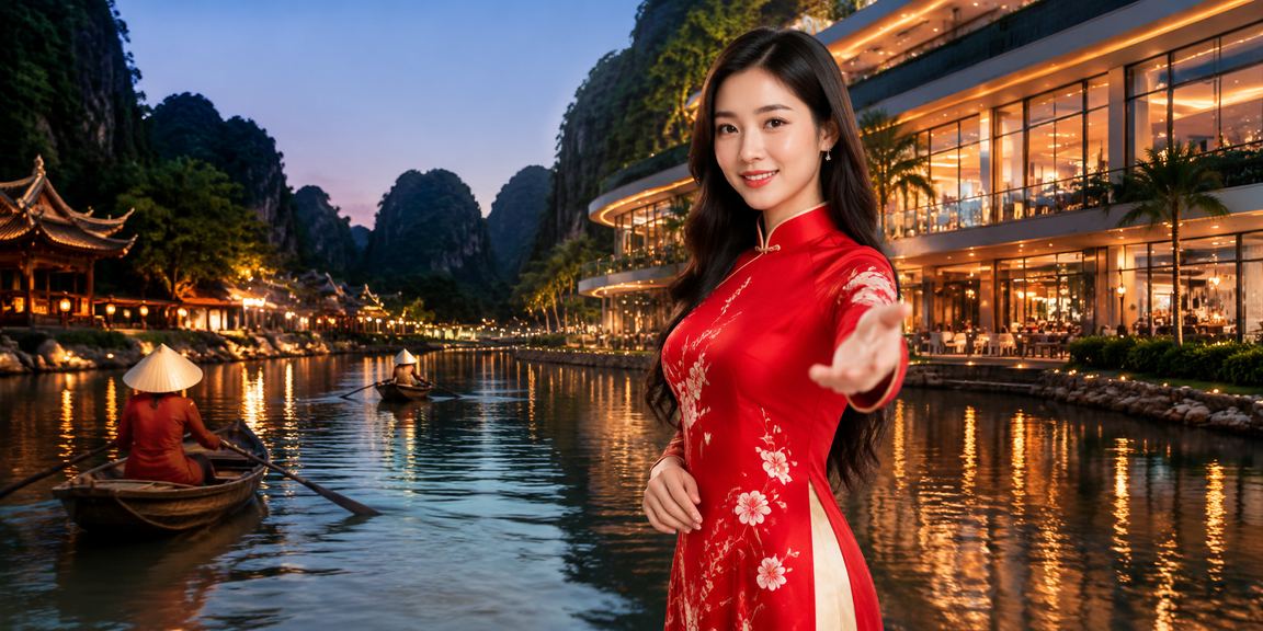 Phong cảnh Ninh Bình với áo dài truyền thống, biểu tượng cho trải nghiệm giải trí trực tuyến thuần Việt tại ct08