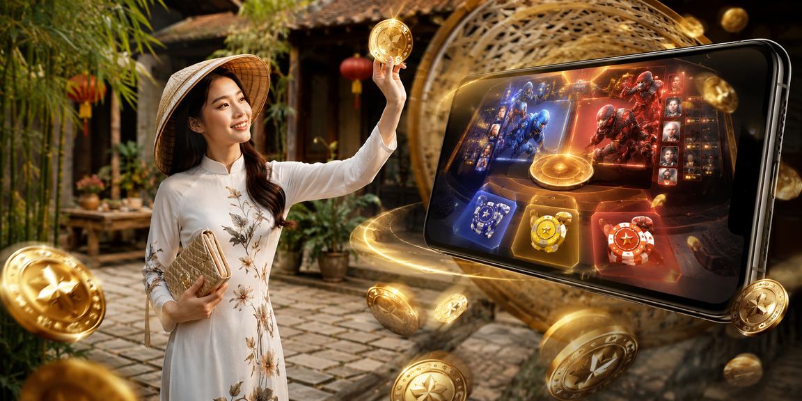 Người dùng tại Ninh Bình đặt cược esports trực tuyến, hình ảnh nón lá truyền thống và màn hình cá cược