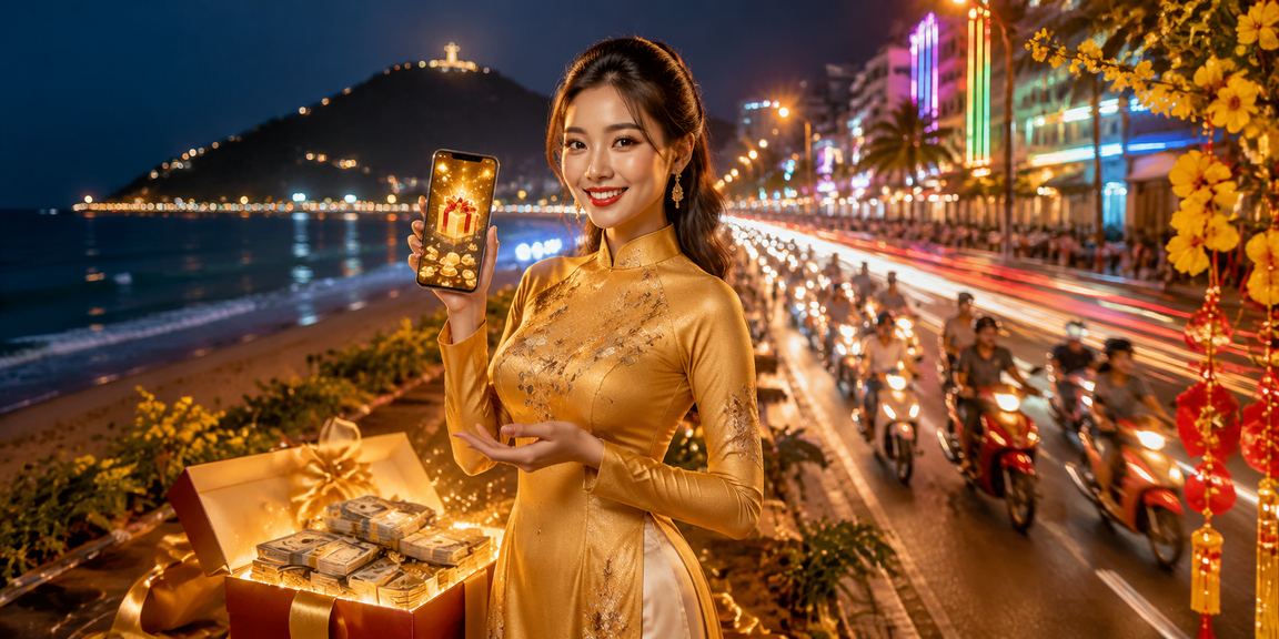 Người phụ nữ mặc áo dài tại Vũng Tàu sử dụng điện thoại xem kèo thể thao và cá cược trực tuyến